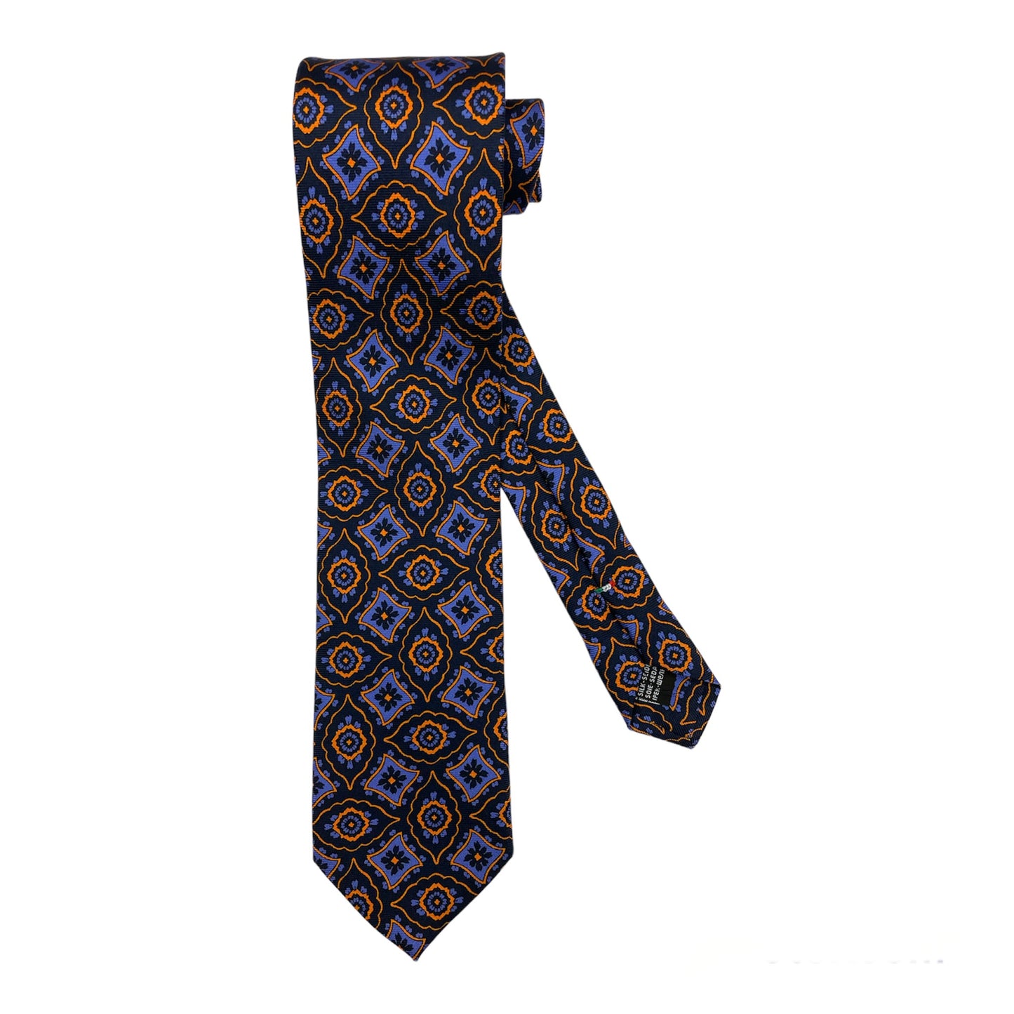 Light blue silk tie with blue flowers and red circles