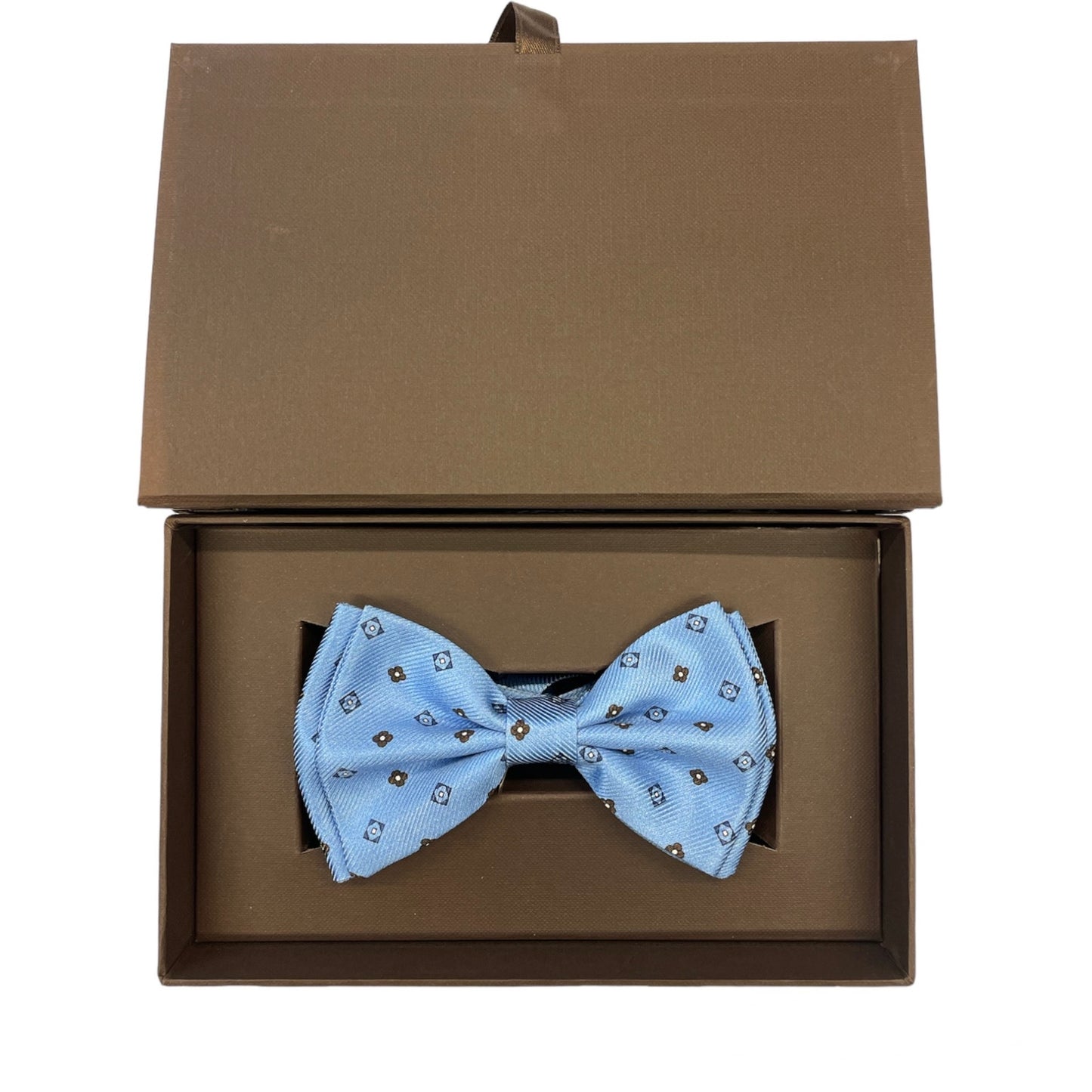 Sartorial bow tie brown silk large light blue flowers