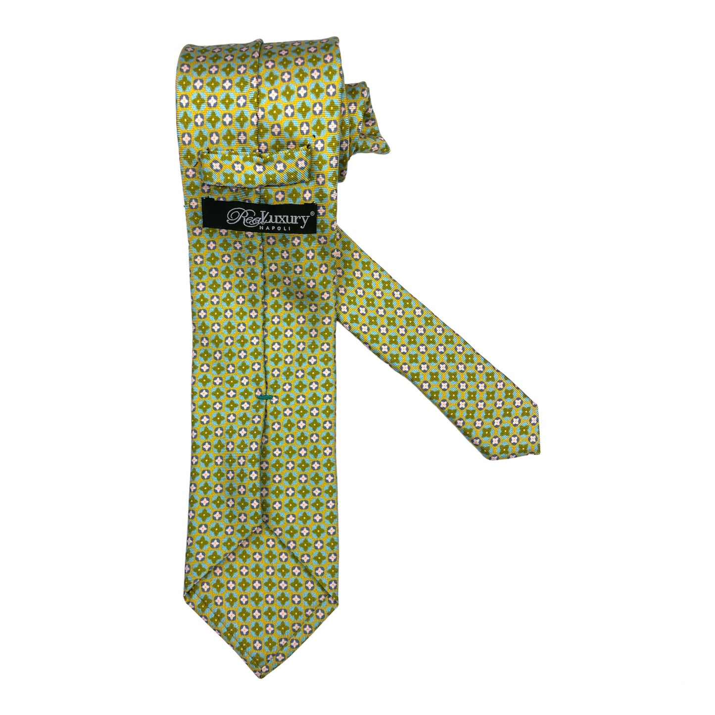 Light blue silk tie with blue flowers and red circles