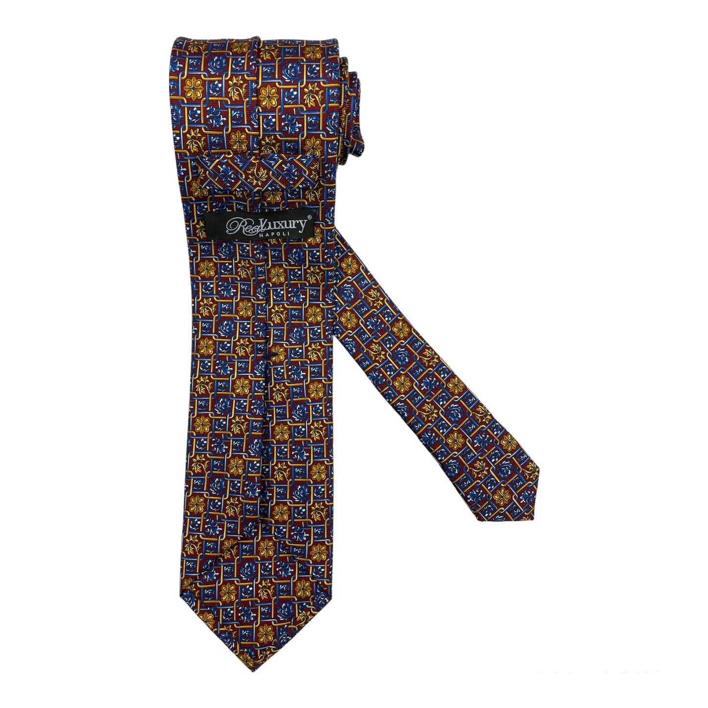 Light blue silk tie with blue flowers and red circles