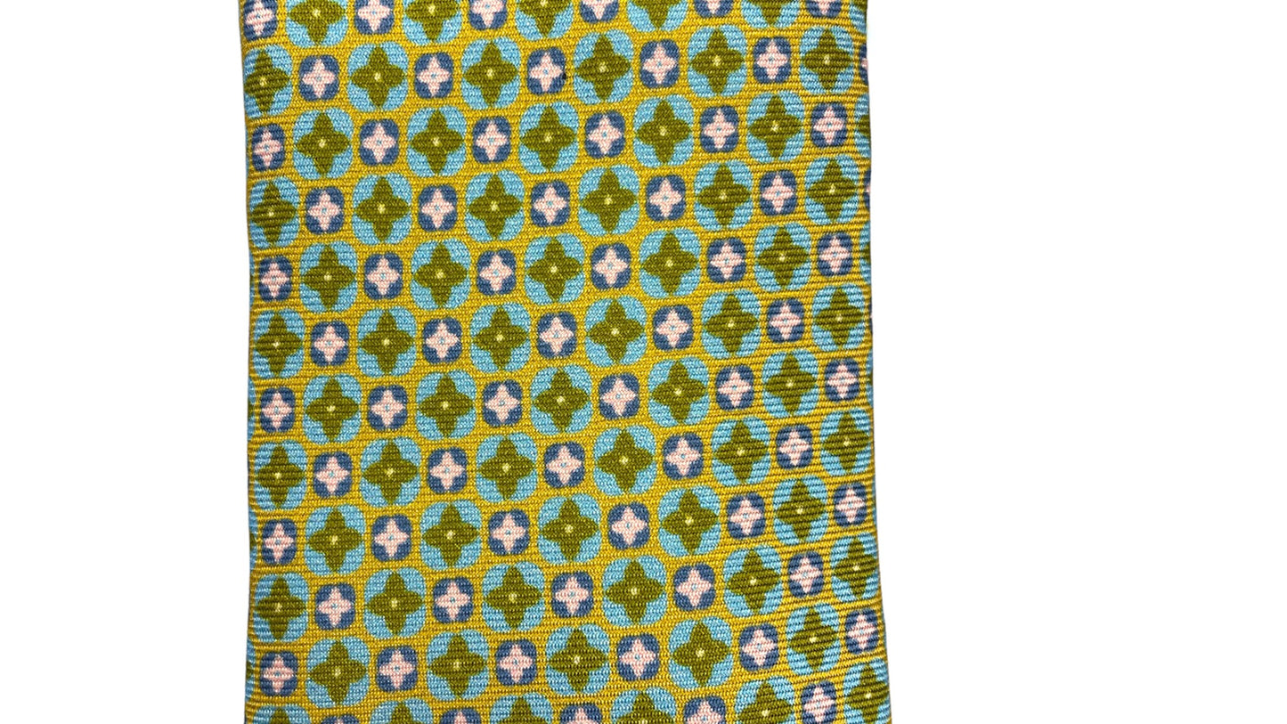 Light blue silk tie with blue flowers and red circles