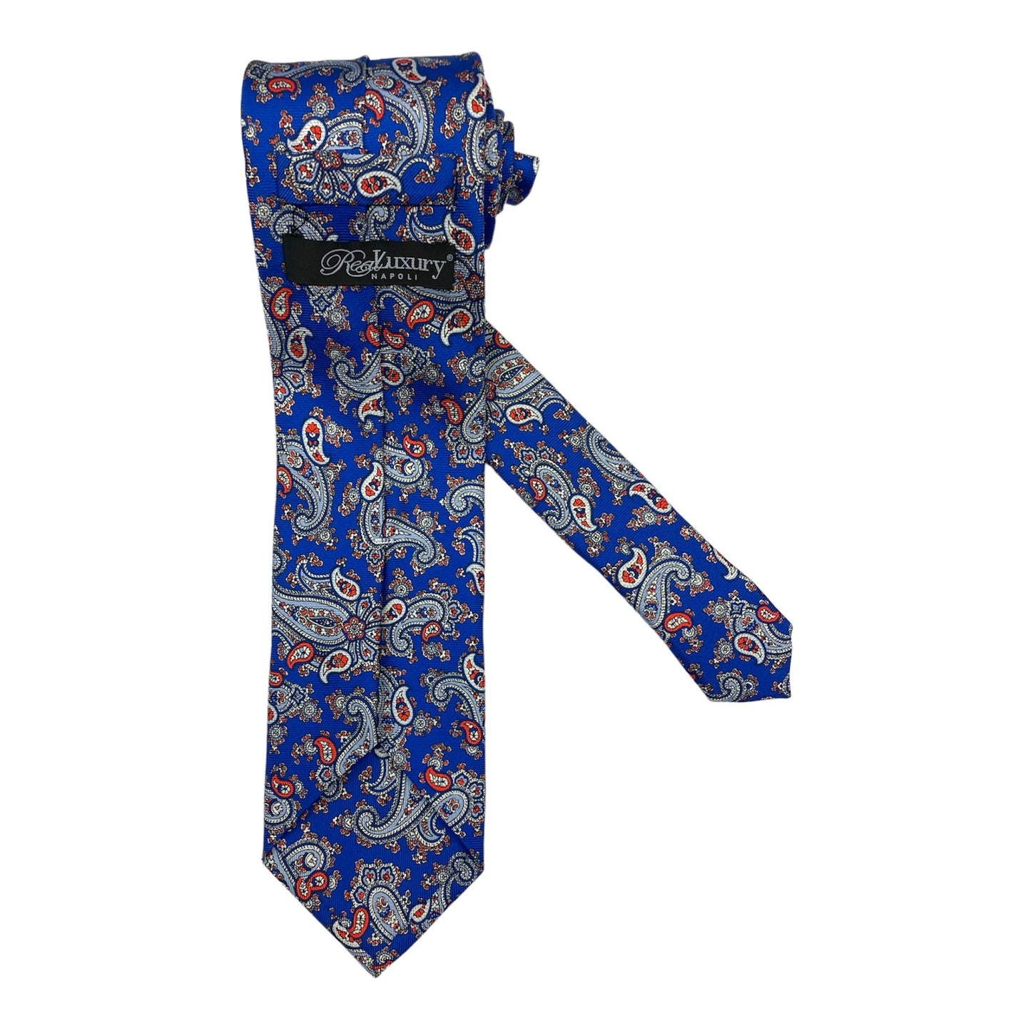 Light blue silk tie with blue flowers and red circles