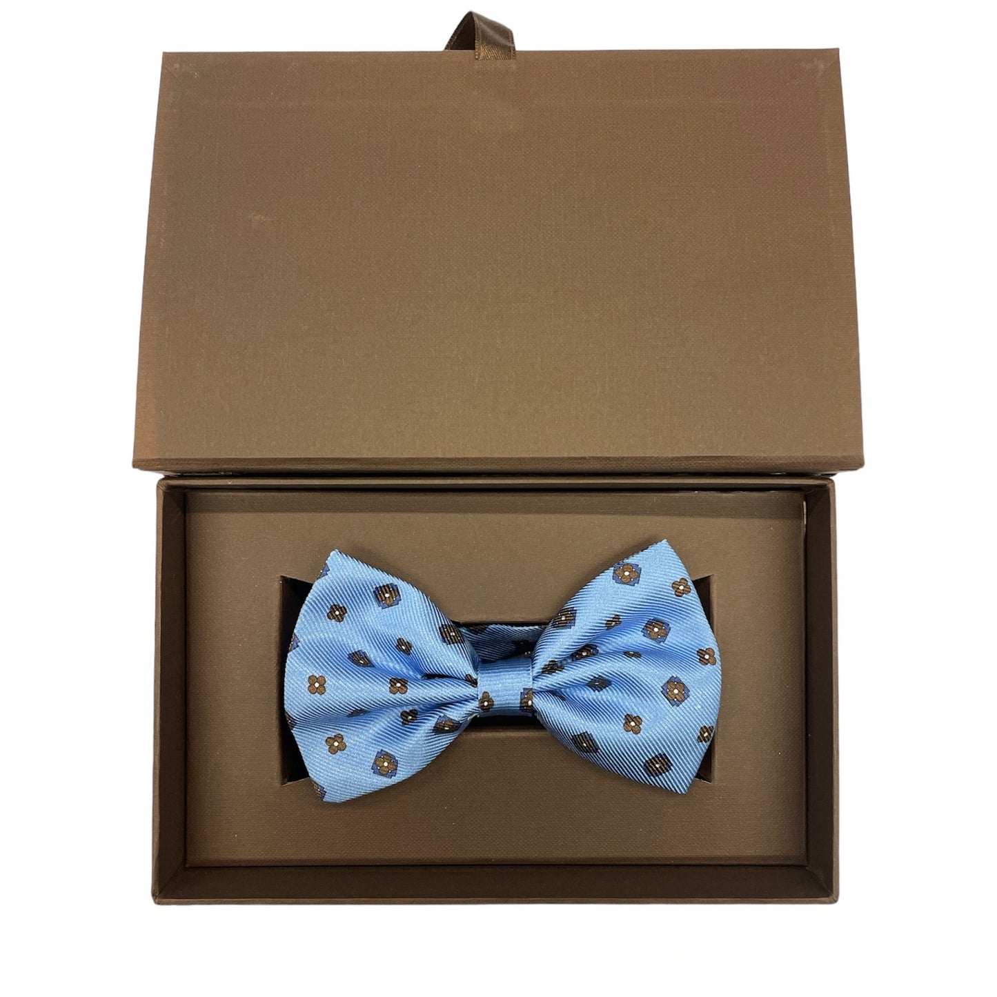 Sartorial bow tie brown silk large light blue flowers