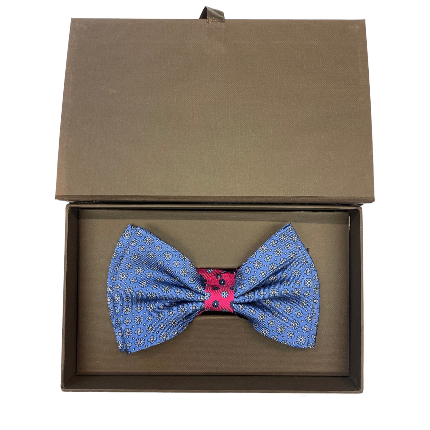 Sartorial bow tie brown silk large light blue flowers