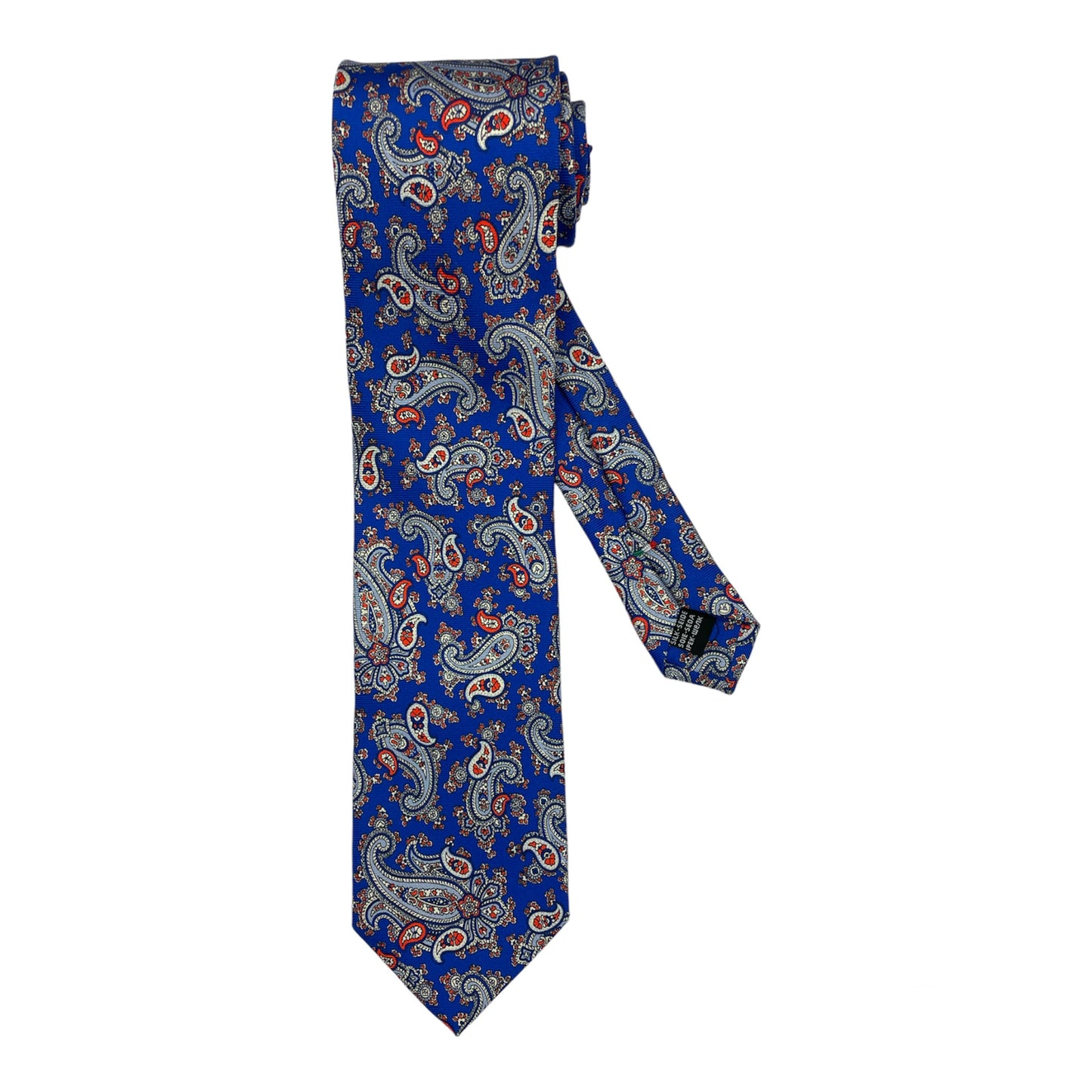 Light blue silk tie with blue flowers and red circles