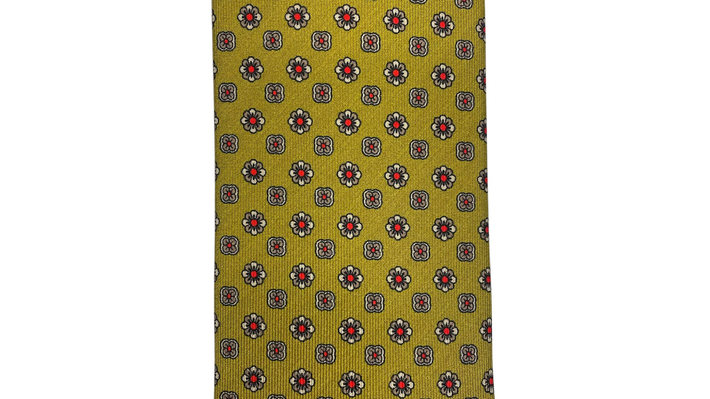 Cravatta seta verde fiori punto rosso