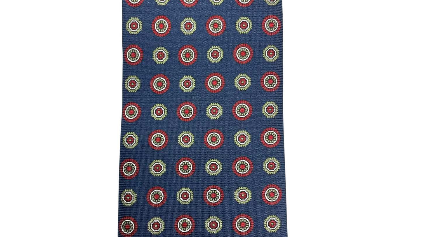 Light blue silk tie with blue flowers and red circles