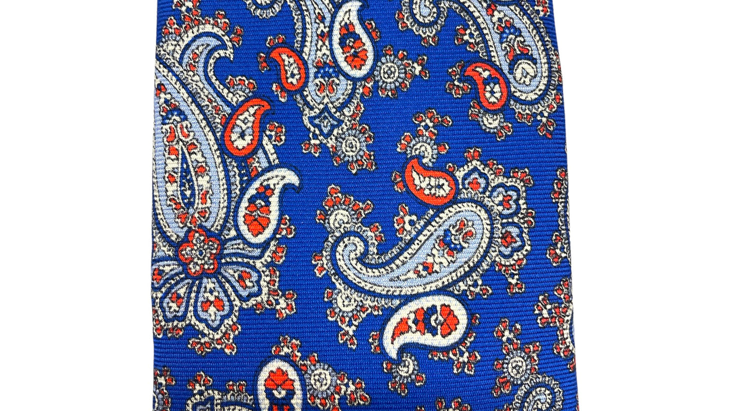 Light blue silk tie with blue flowers and red circles