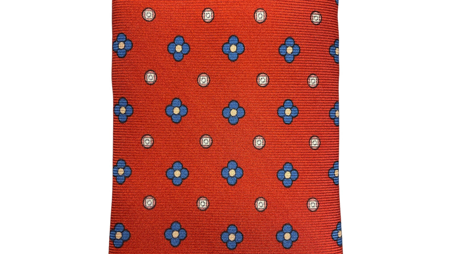 Cravatta seta rossa con fiori grandi bluette