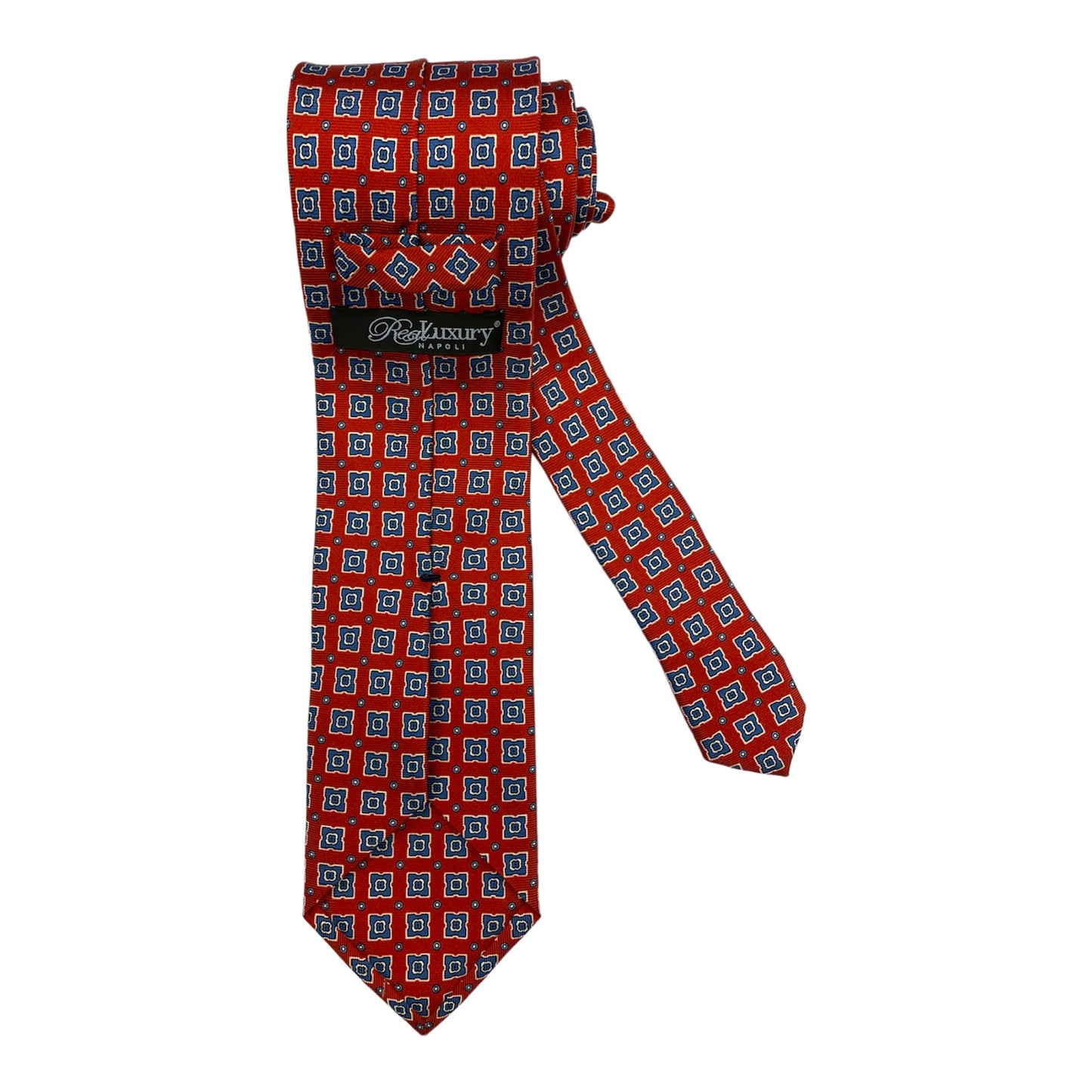 Light blue silk tie with blue flowers and red circles