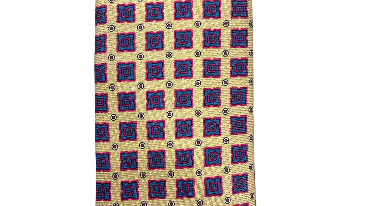 Light blue silk tie with blue flowers and red circles