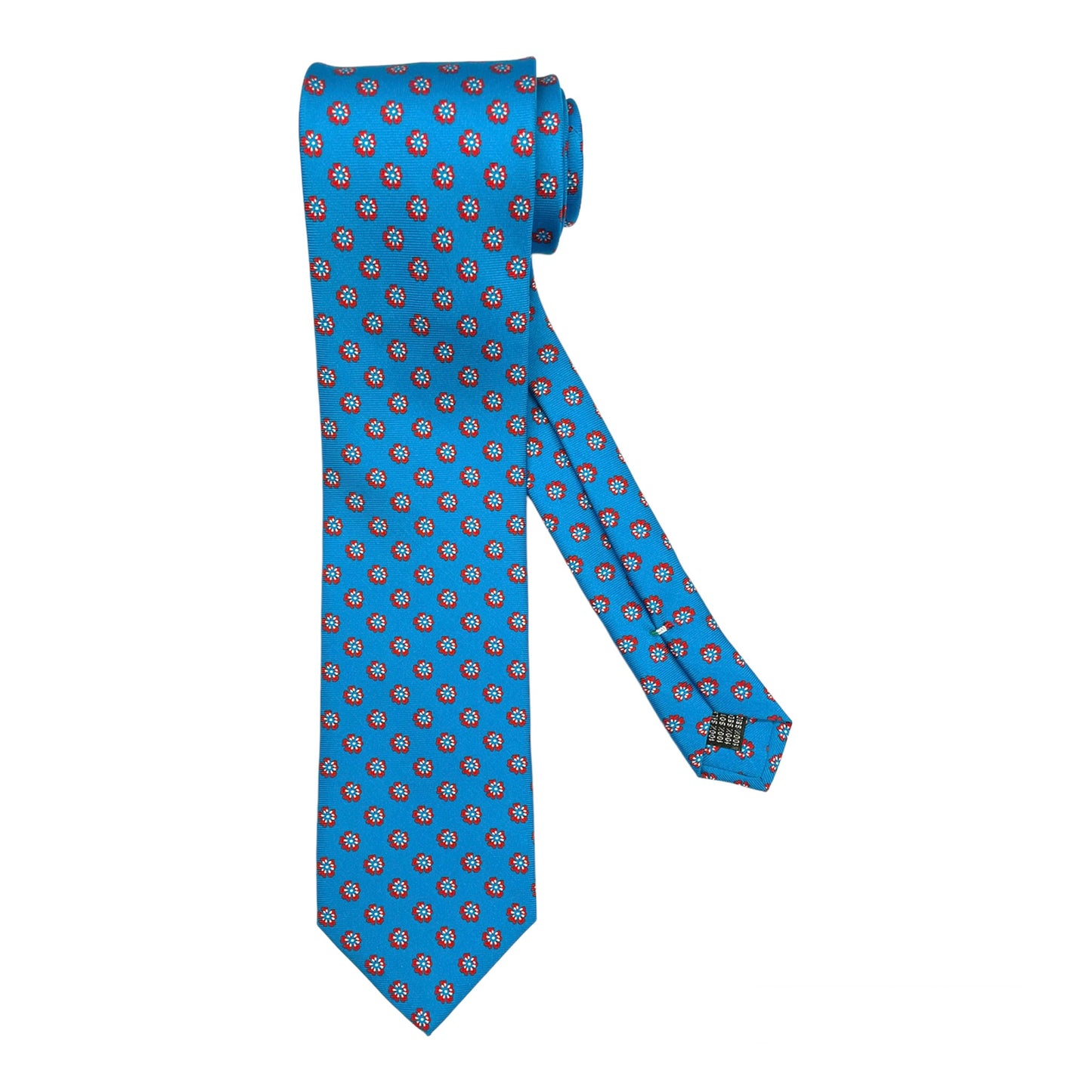 Light blue silk tie with blue flowers and red circles