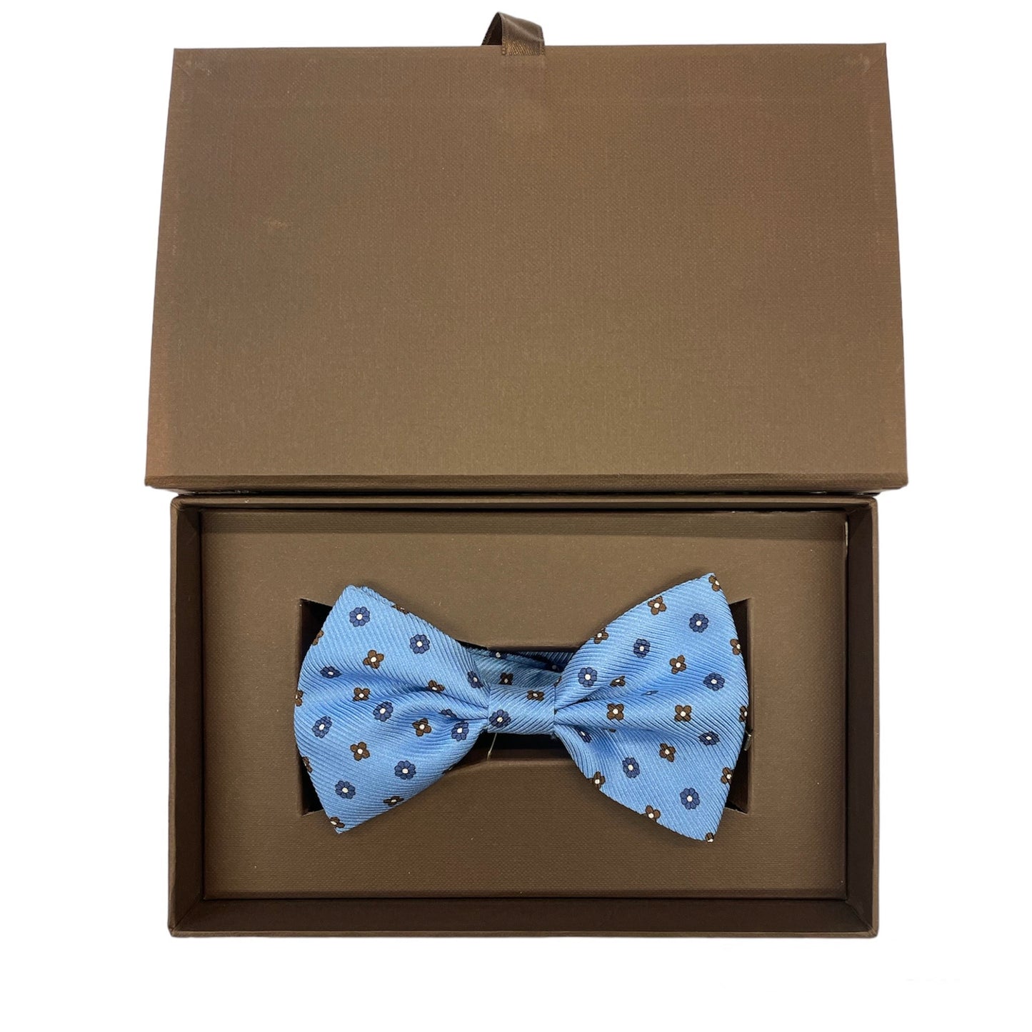 Sartorial bow tie brown silk large light blue flowers