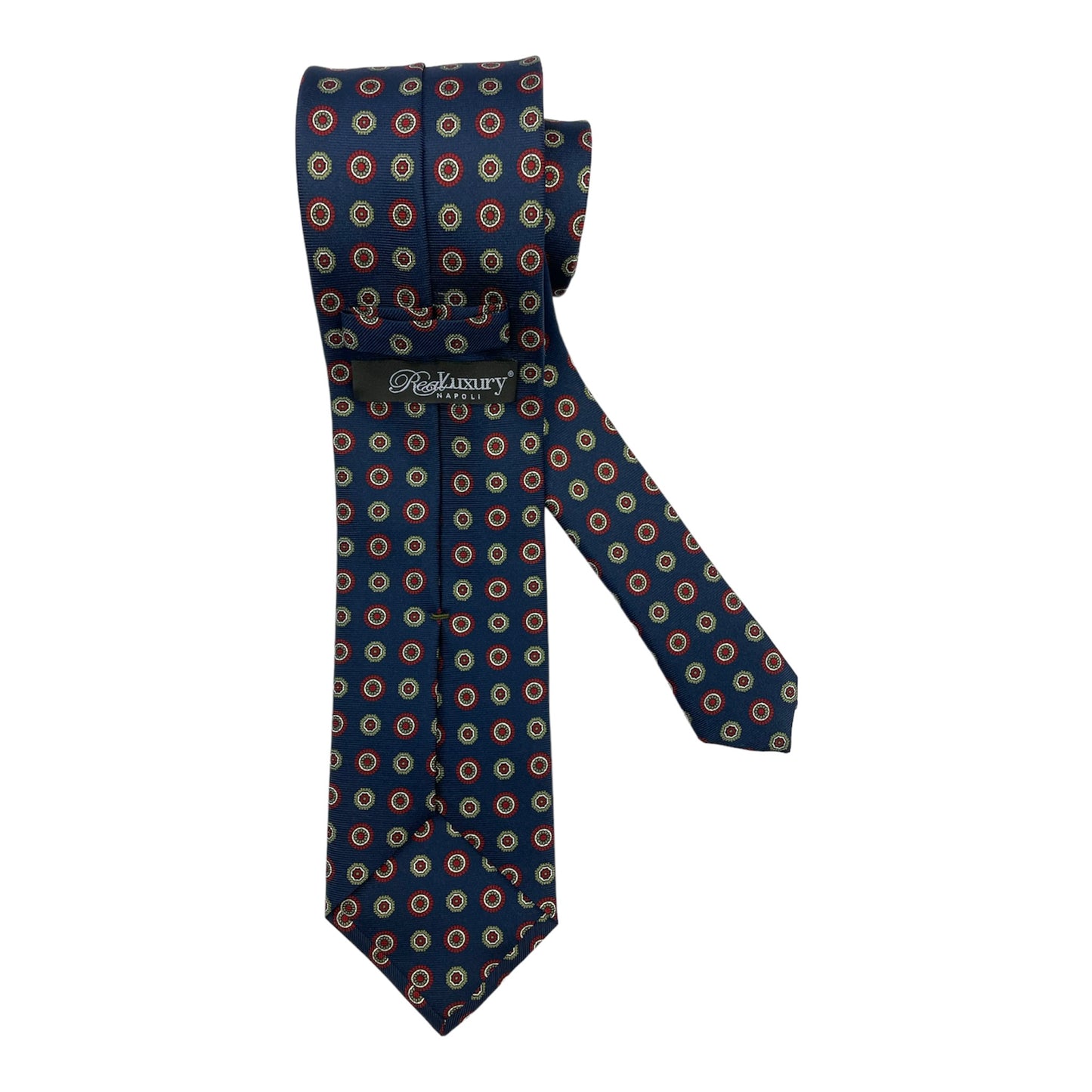 Light blue silk tie with blue flowers and red circles