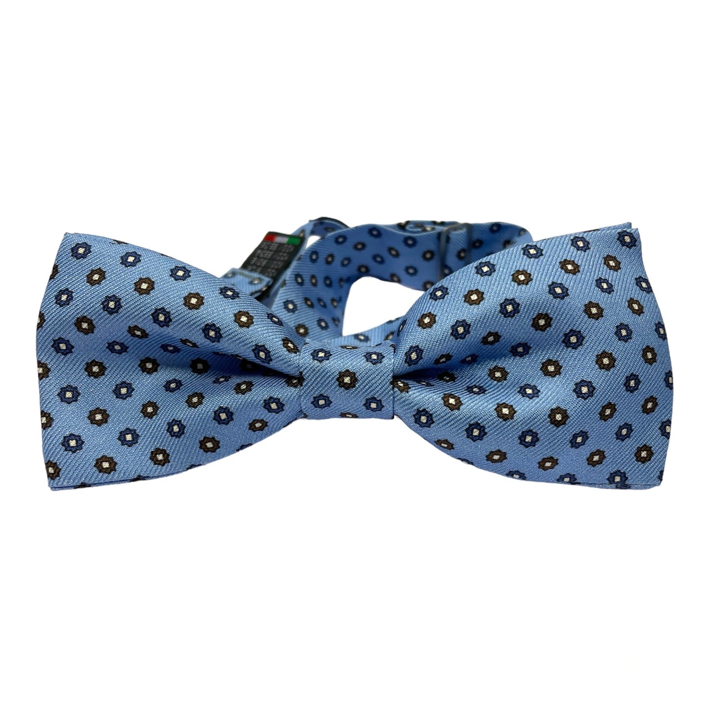 Papillon Sartoriale seta celeste con fiorellini blu e marroni con interno bianco