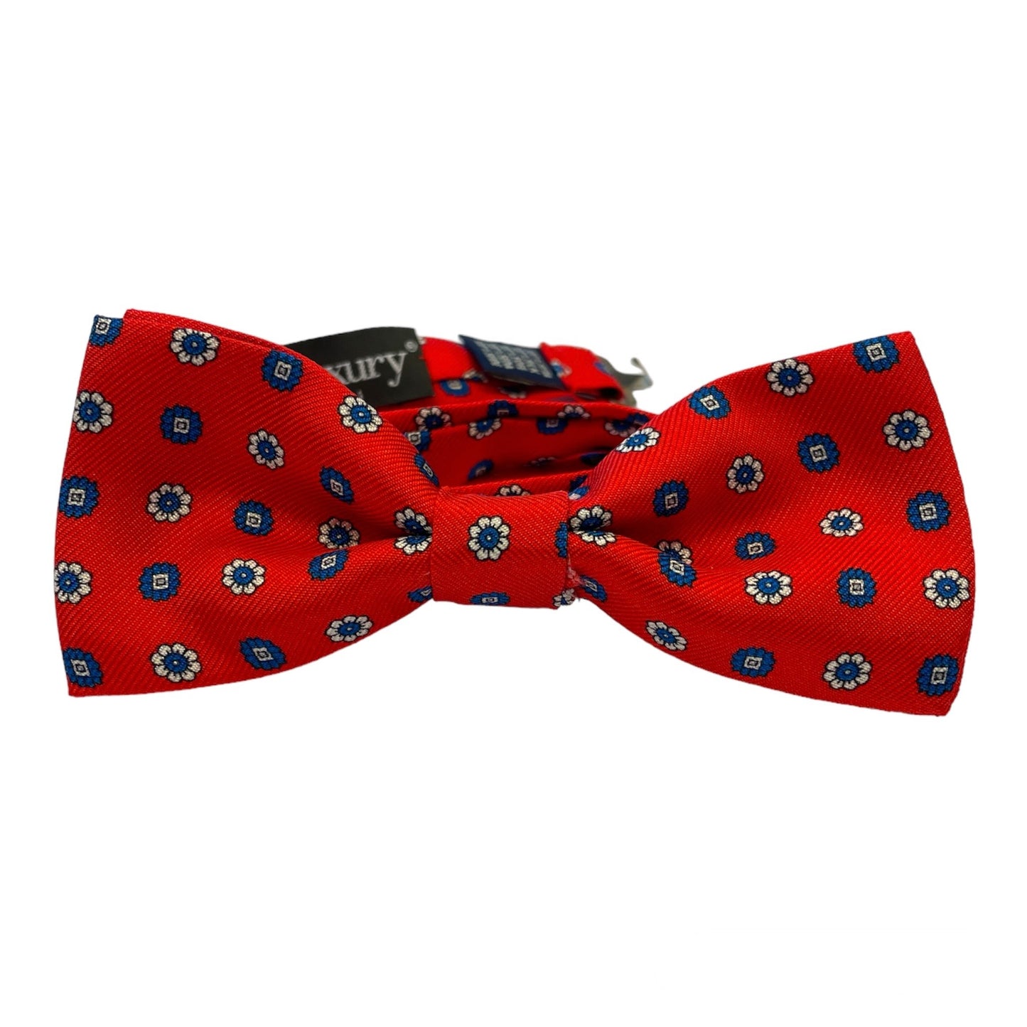 Papillon Sartoriale seta rosso con fiori blu e bianchi