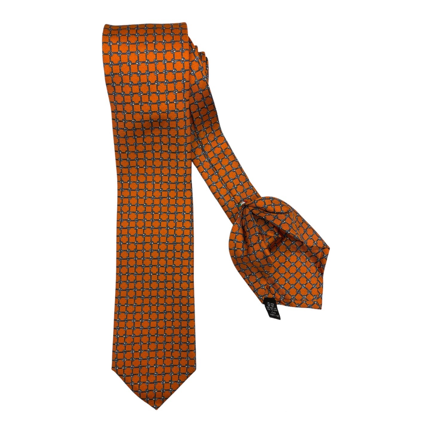 Orange silk tie light blue chains