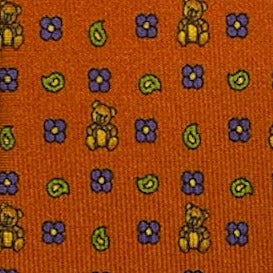 Orange silk tie with purple flowers and gold teddy bears