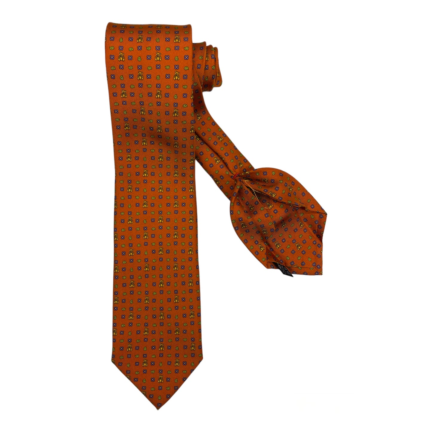 Orange silk tie with purple flowers and gold teddy bears