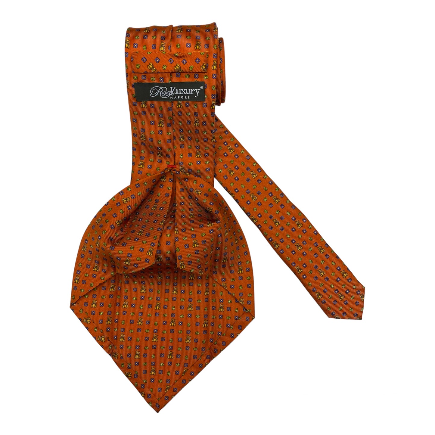 Orange silk tie with purple flowers and gold teddy bears