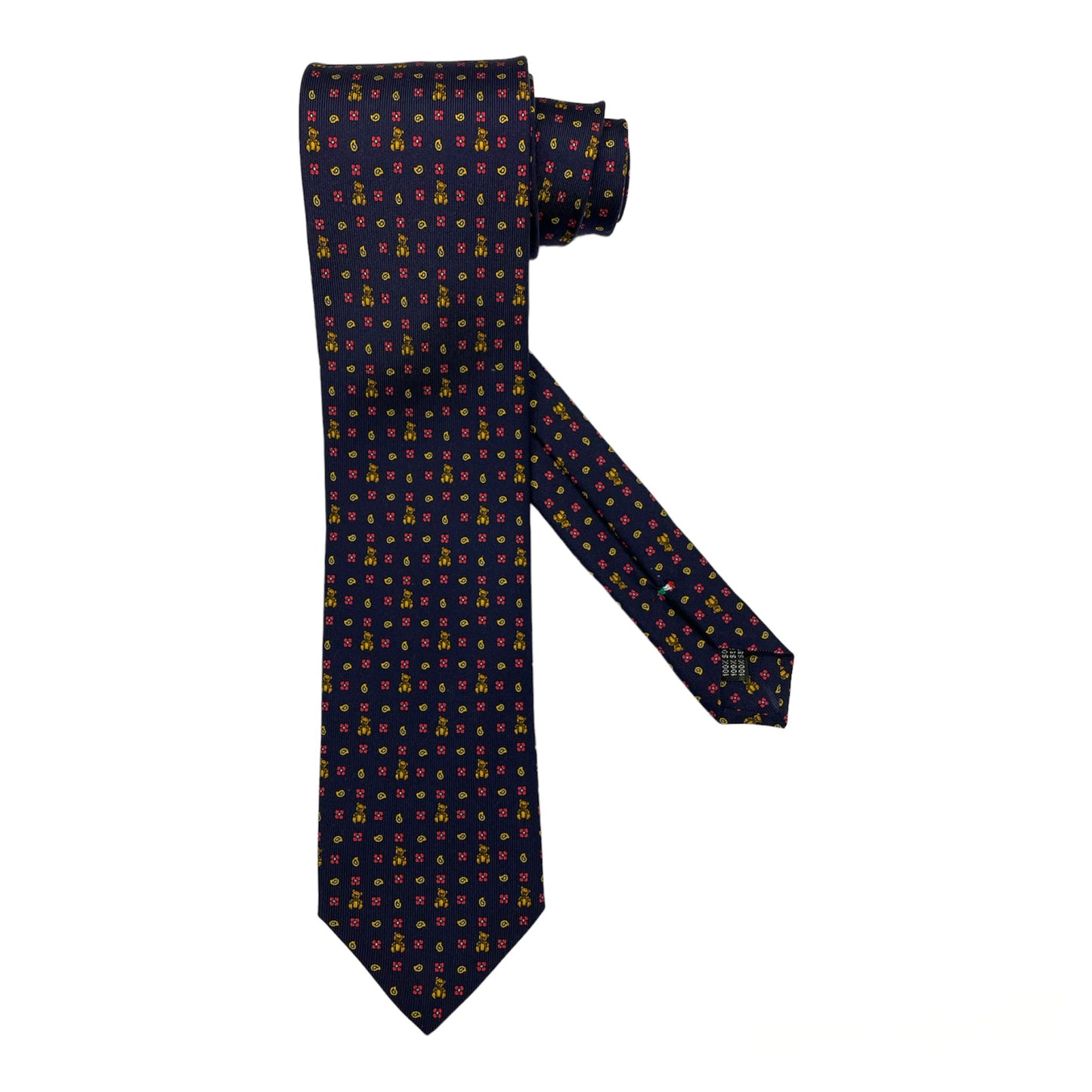 Blue silk tie with little flowers and teddy bear