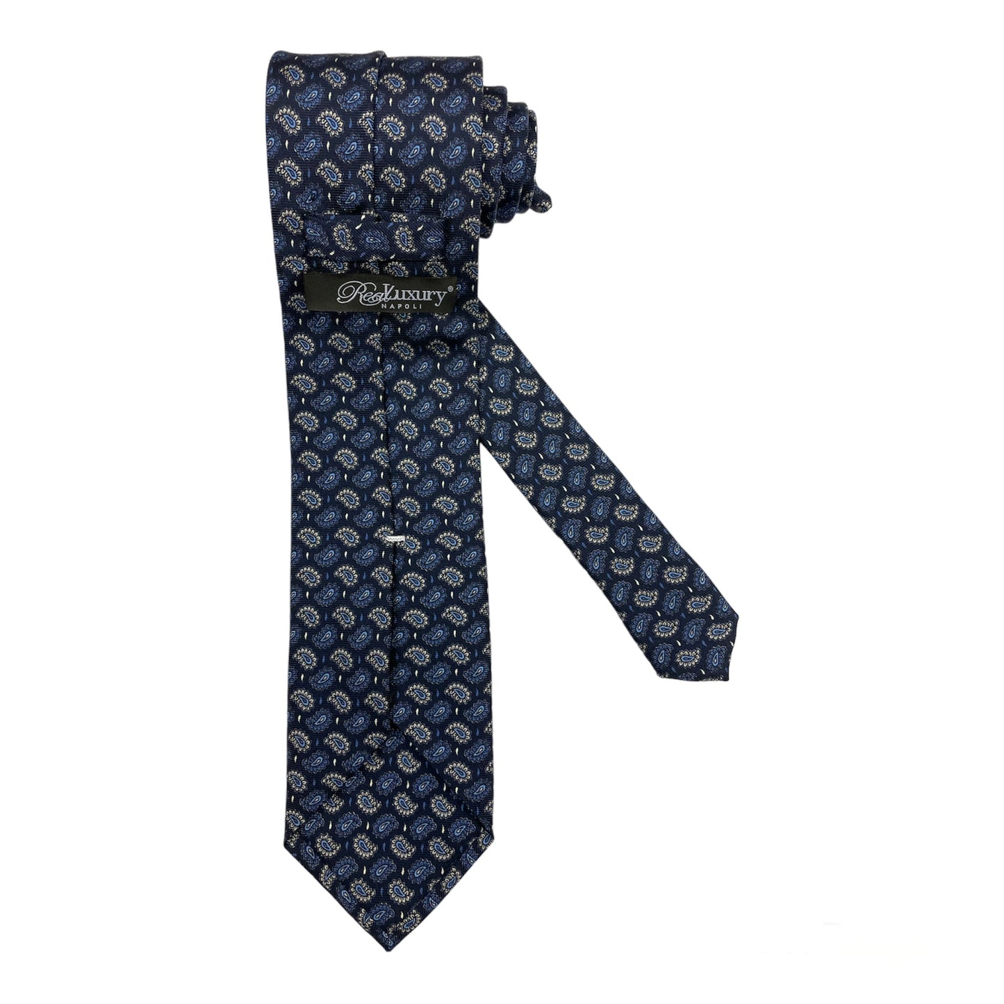 Blue silk tie with light blue and white paisley