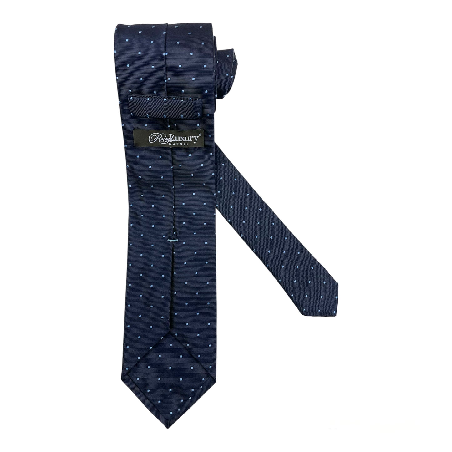 Blue silk tie with small light blue polka dots