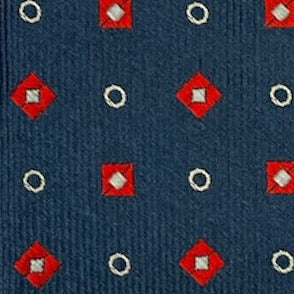 Blue silk tie with red checks and white circles