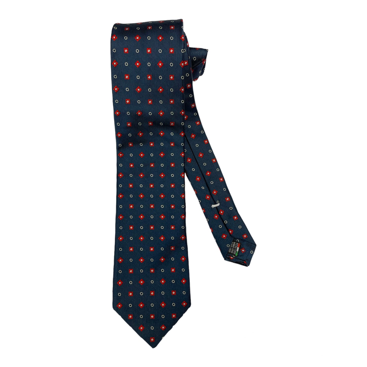 Blue silk tie with red checks and white circles