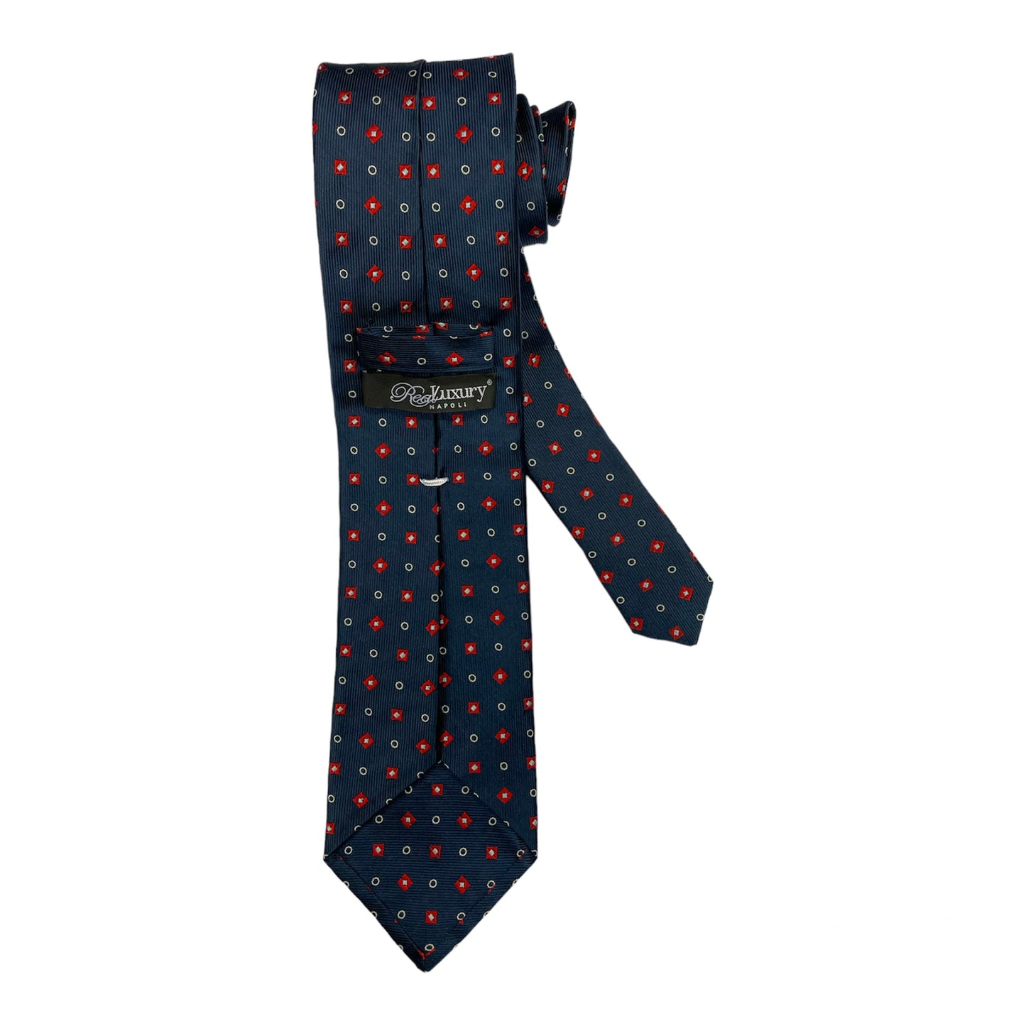 Blue silk tie with red checks and white circles