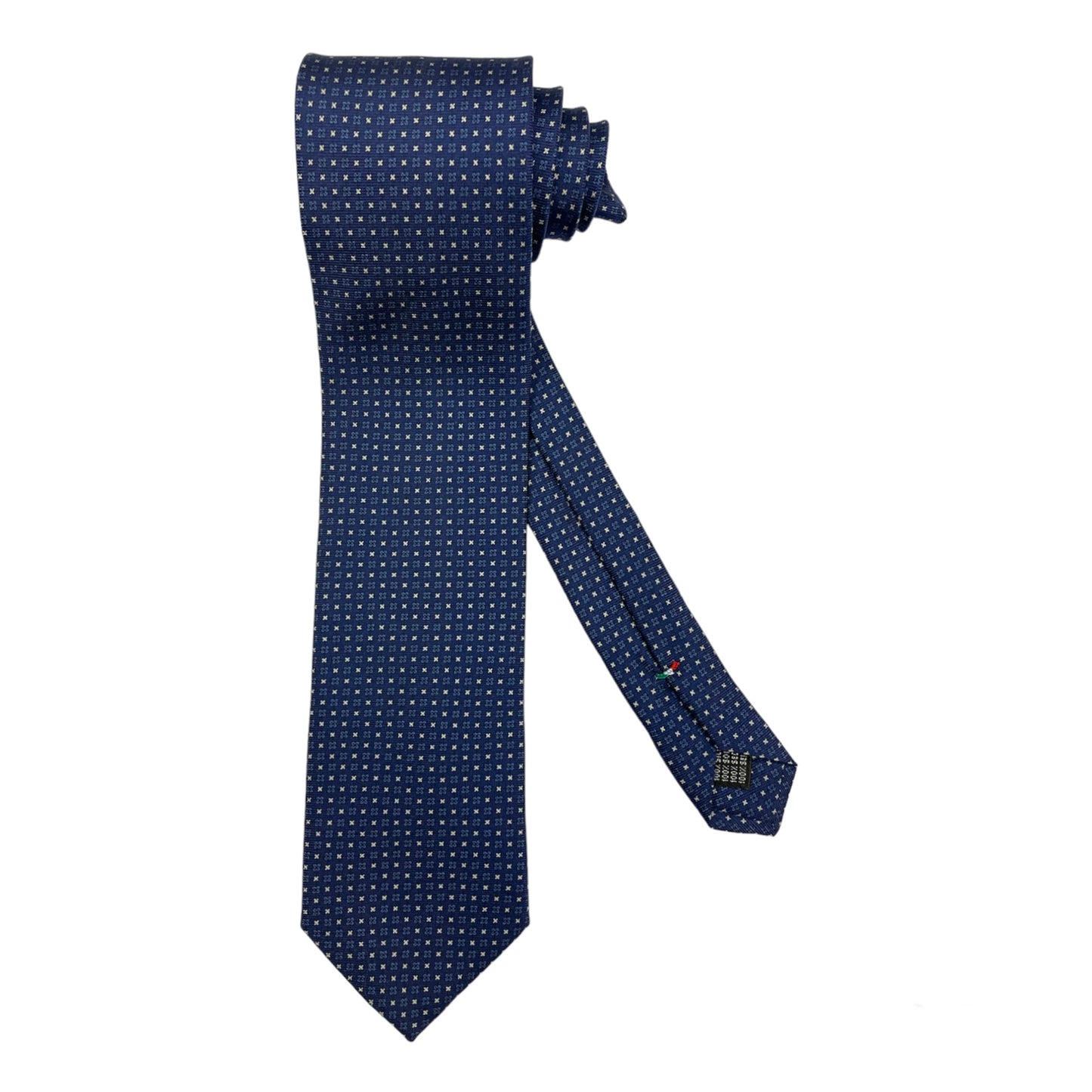 Blue silk tie with white crosses and blue flowers