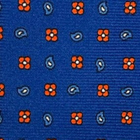 Cravatta seta bluette paisley azzurro fiori arancio