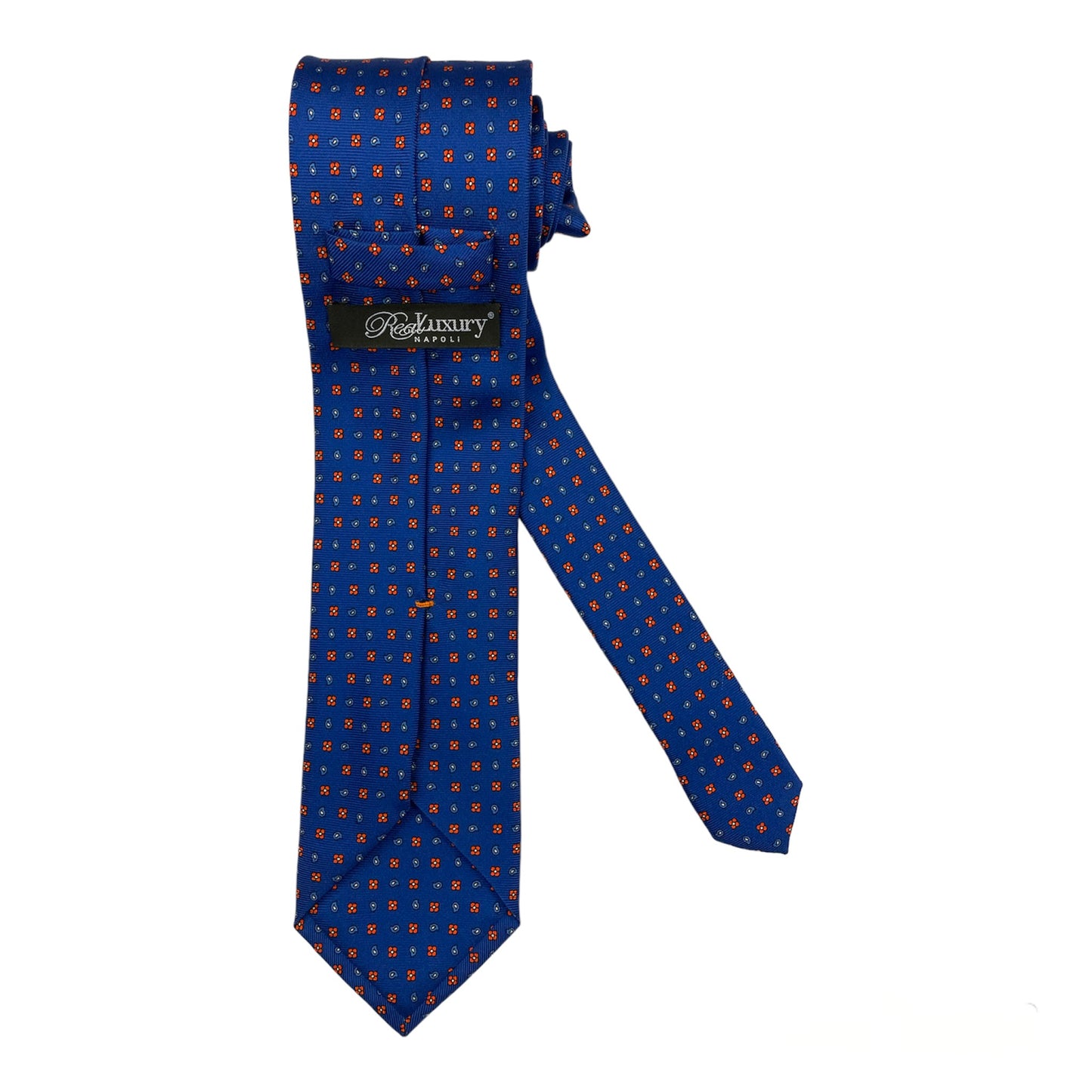 Cravatta seta bluette paisley azzurro fiori arancio