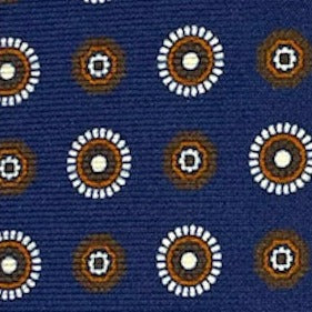 Blue silk tie with brown and white circle flowers