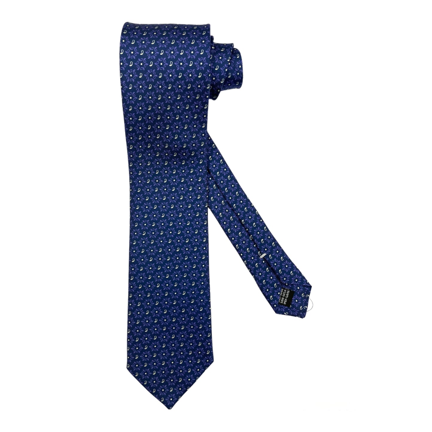 Cravatta seta blu paisley bianco e fiore viola