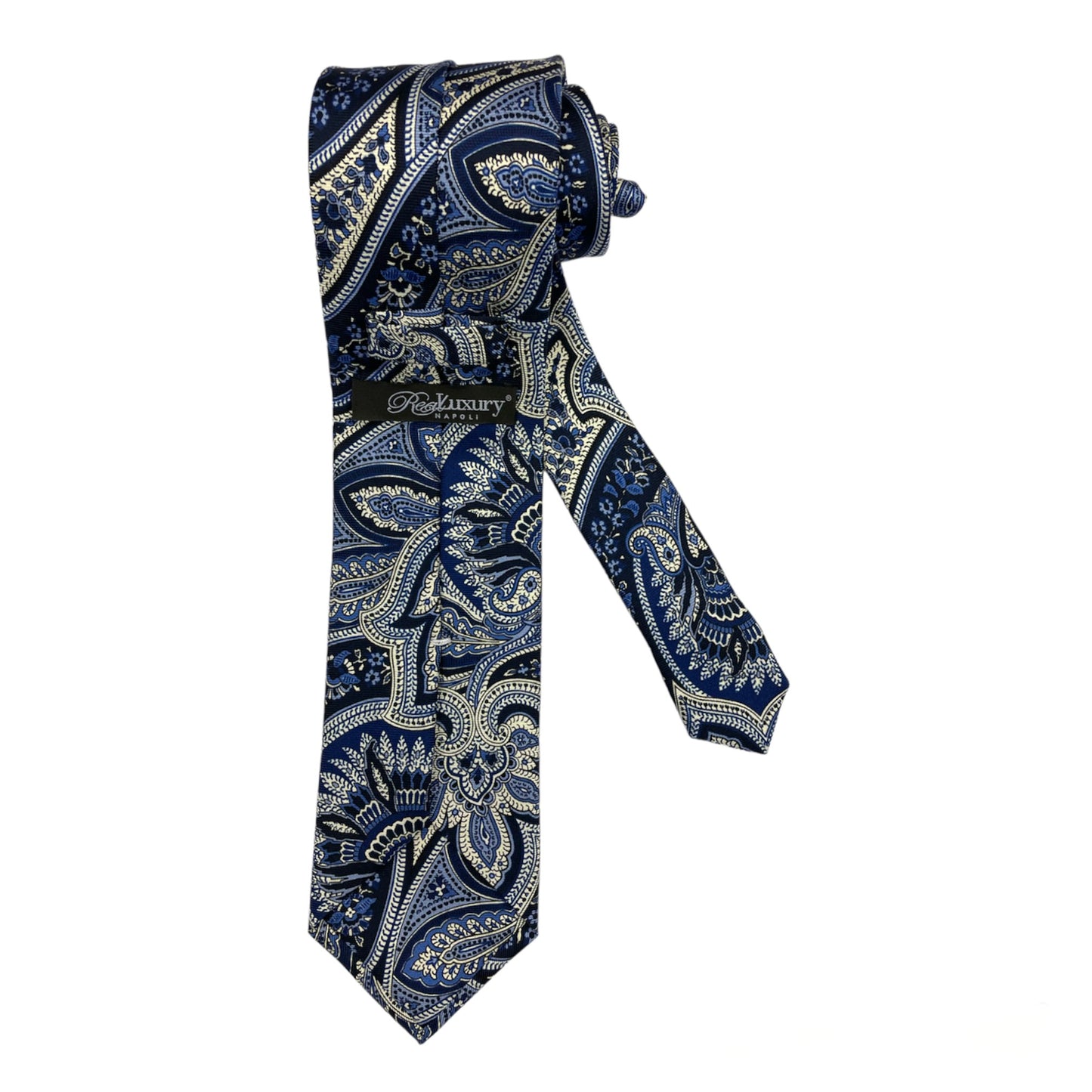 Cravatta seta blu paisley bianco celeste blu