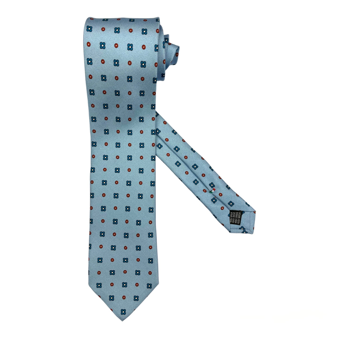 Light blue silk tie with blue flowers and red circles