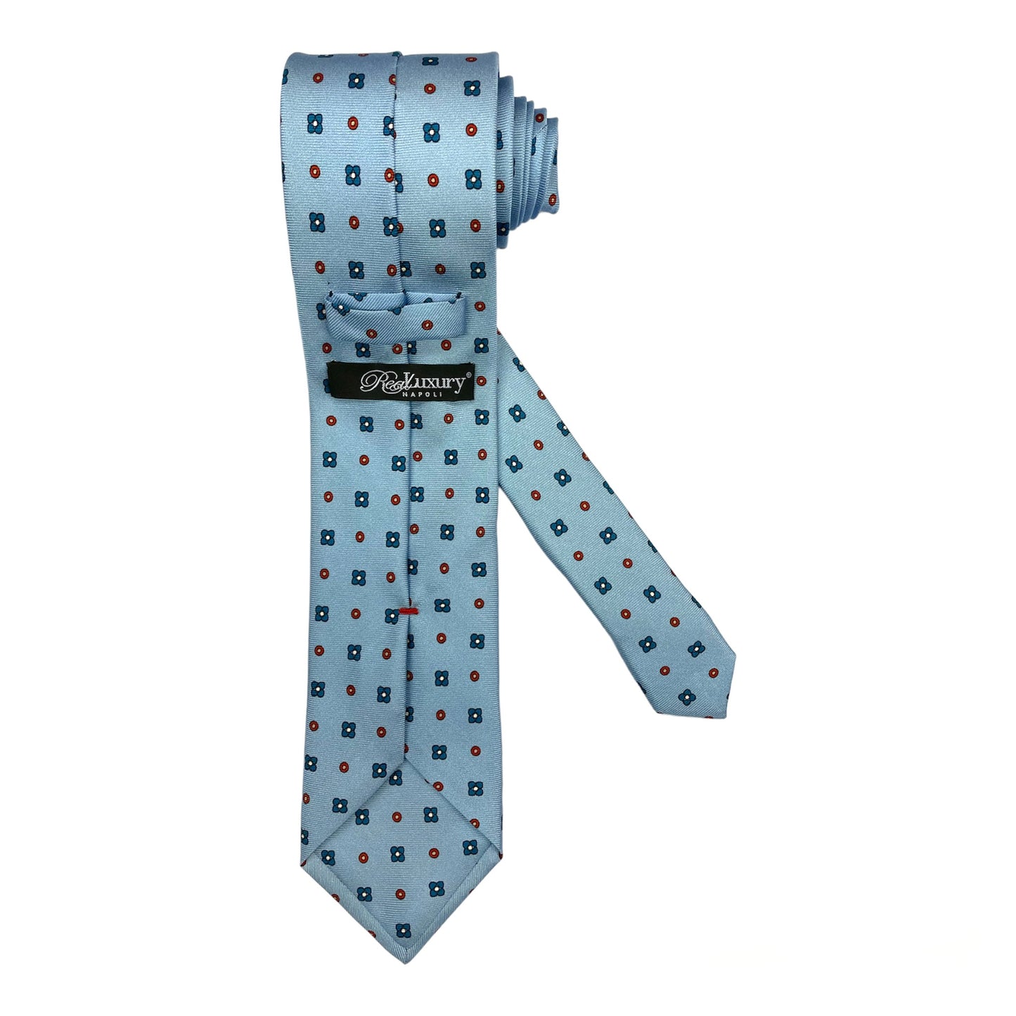 Light blue silk tie with blue flowers and red circles