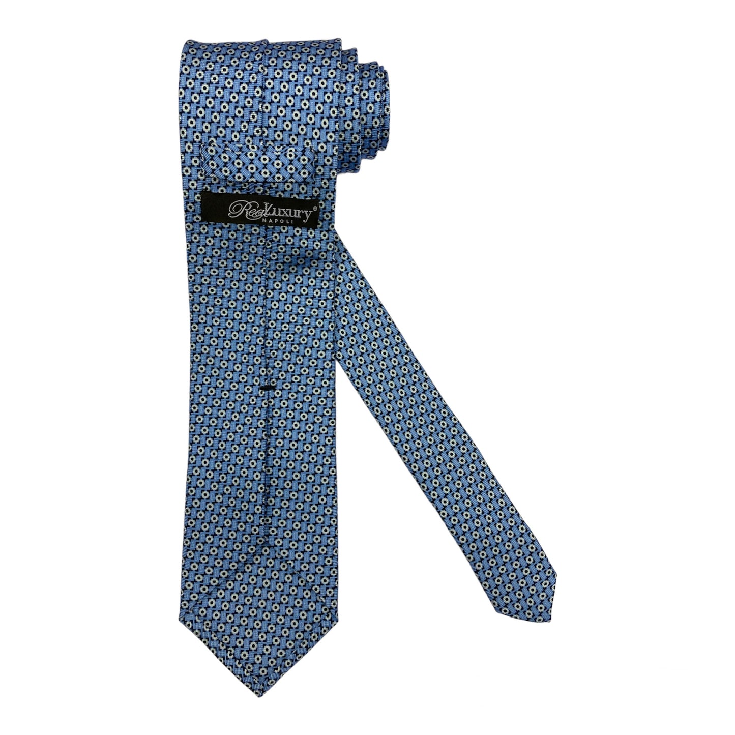 Cravatta seta celeste pois bianco contorni blu