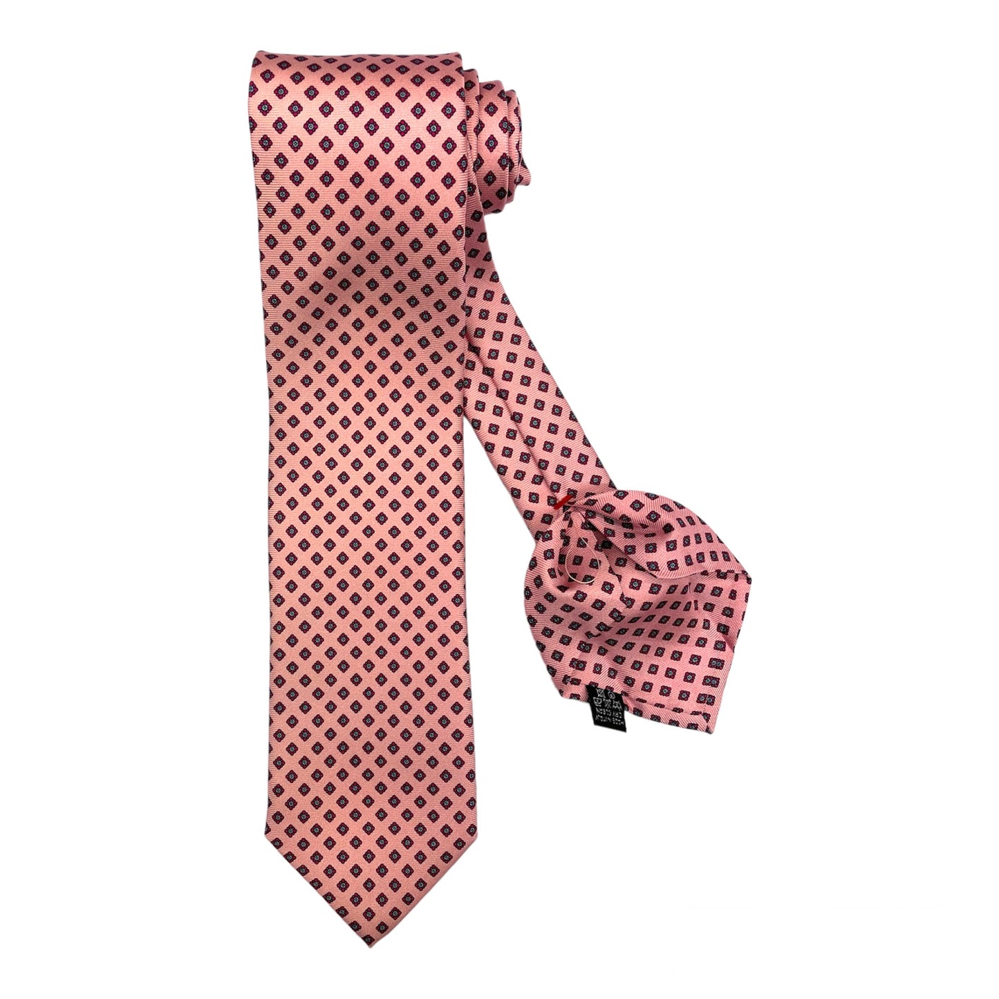 Pink silk tie with red rhombus flowers