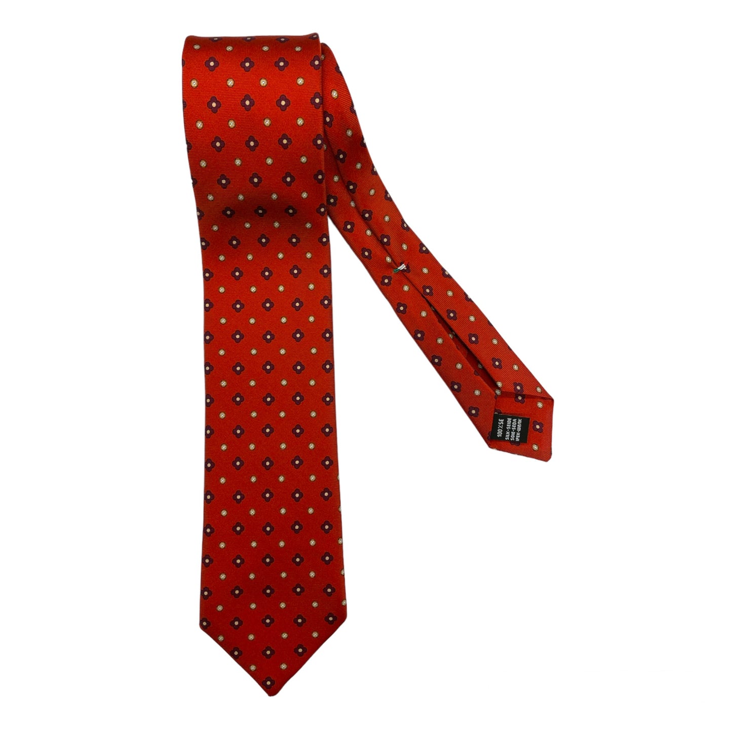 Red silk tie with large burgundy flowers