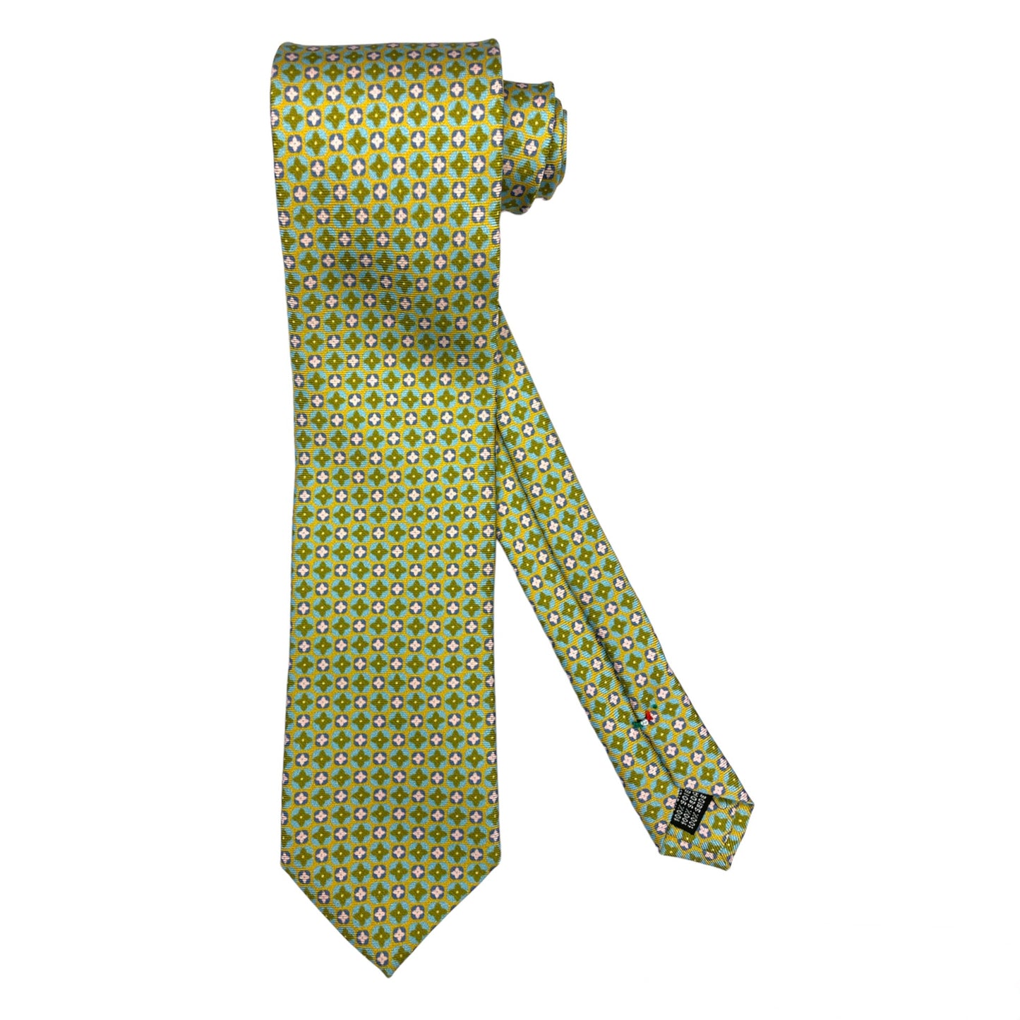 Light blue silk tie with blue flowers and red circles