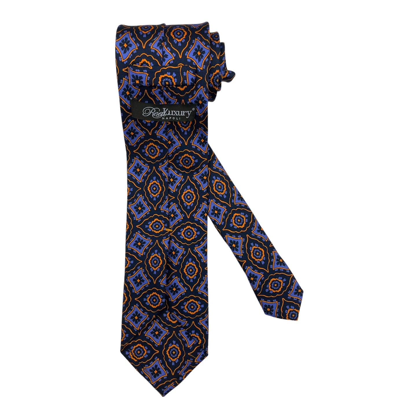 Light blue silk tie with blue flowers and red circles