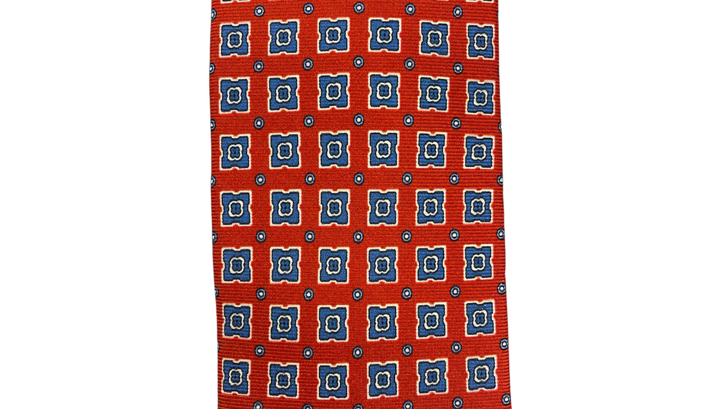 Light blue silk tie with blue flowers and red circles