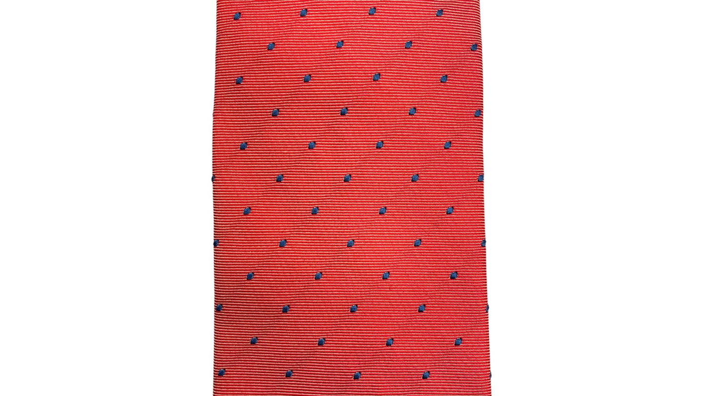 Light blue silk tie with blue flowers and red circles