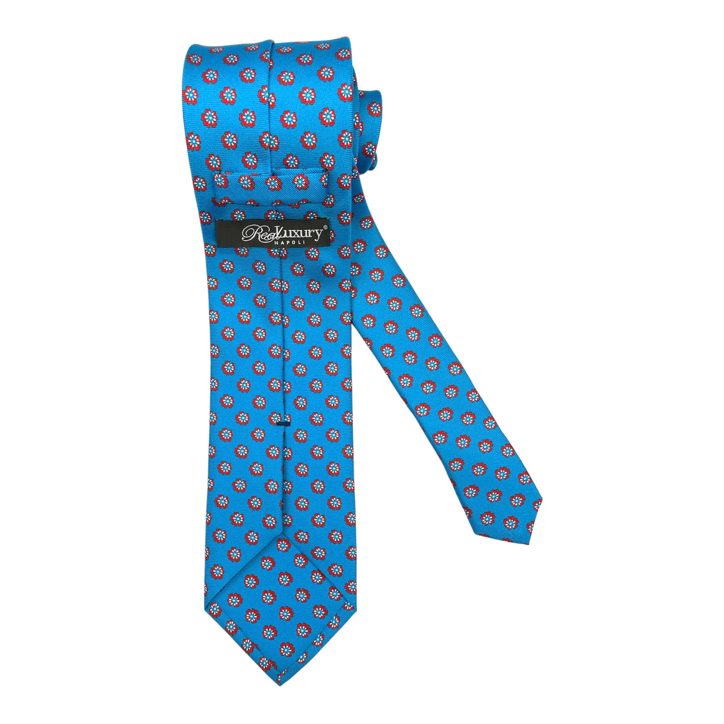 Light blue silk tie with blue flowers and red circles