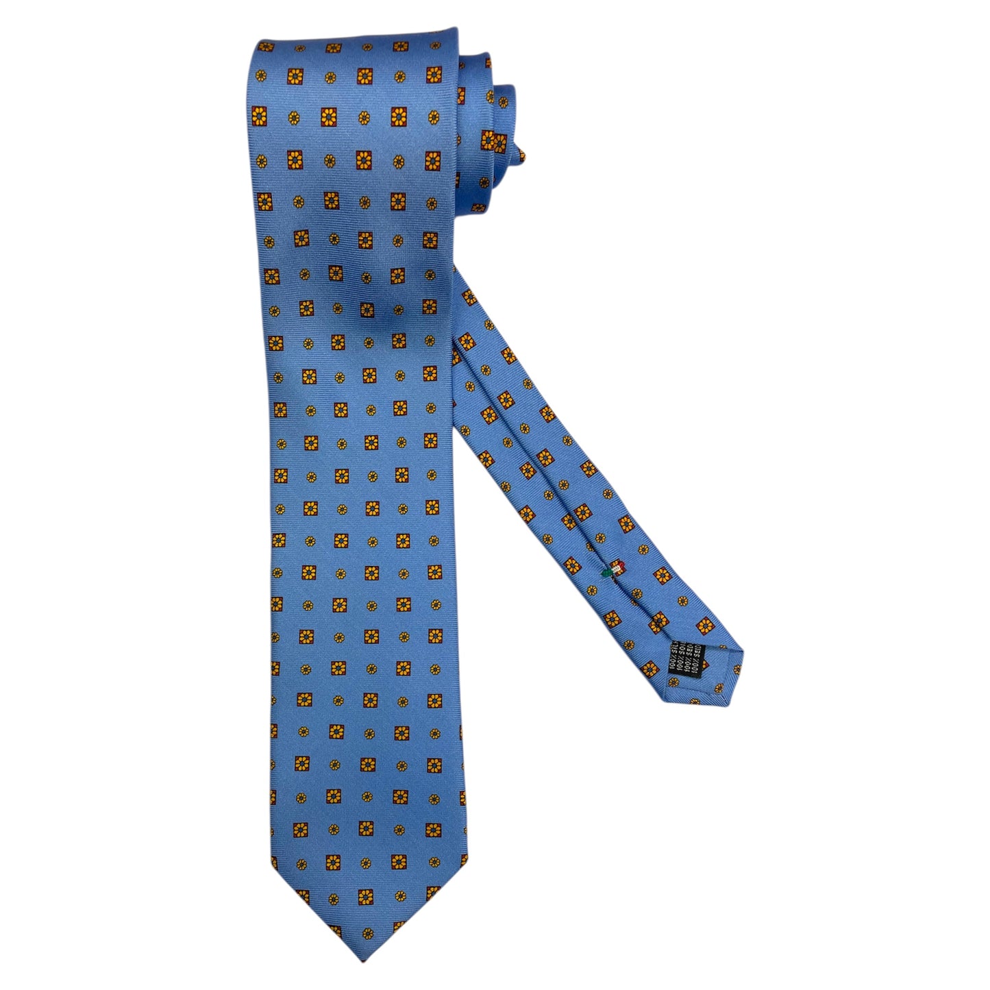 Cravatta in seta azzurra con microfantasia geometrica gialla e blu
