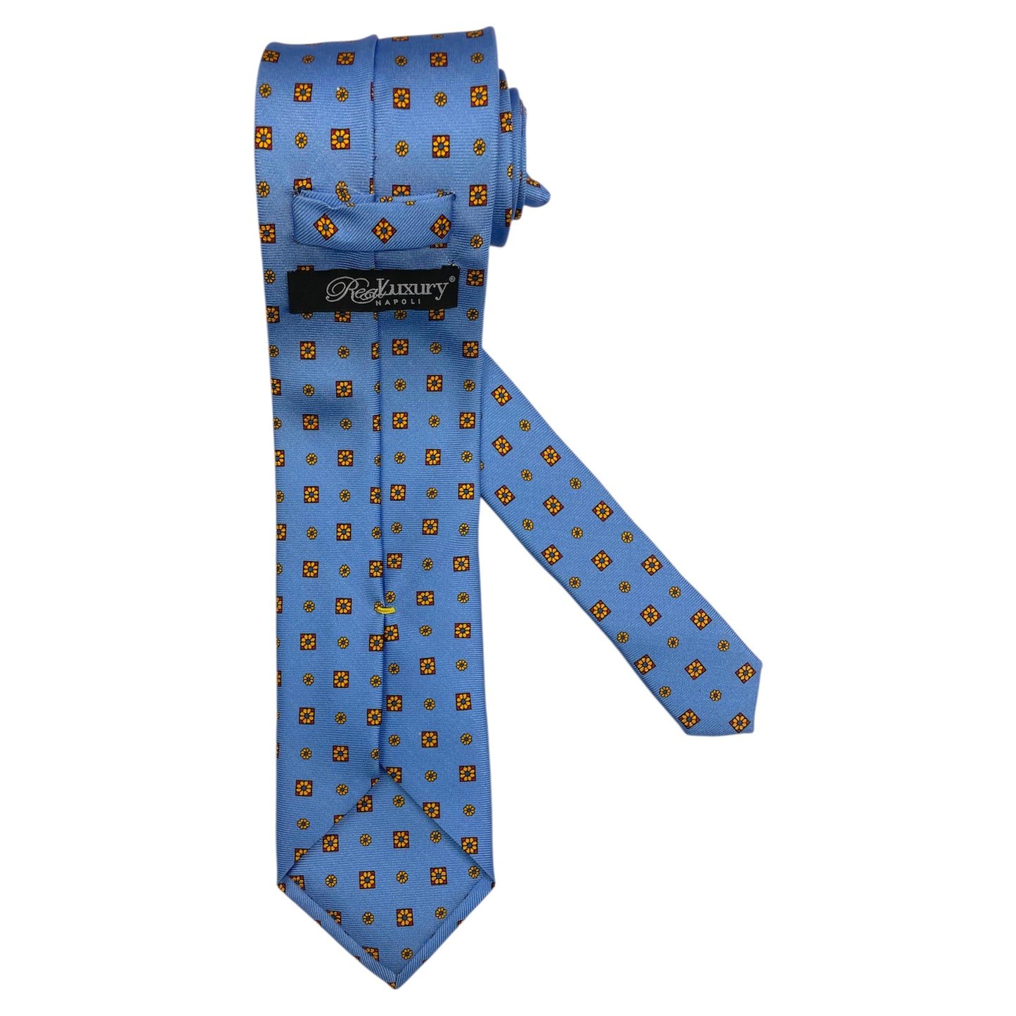 Cravatta in seta azzurra con microfantasia geometrica gialla e blu