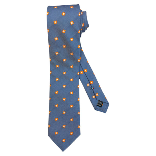 Light blue silk tie with blue flowers and red circles