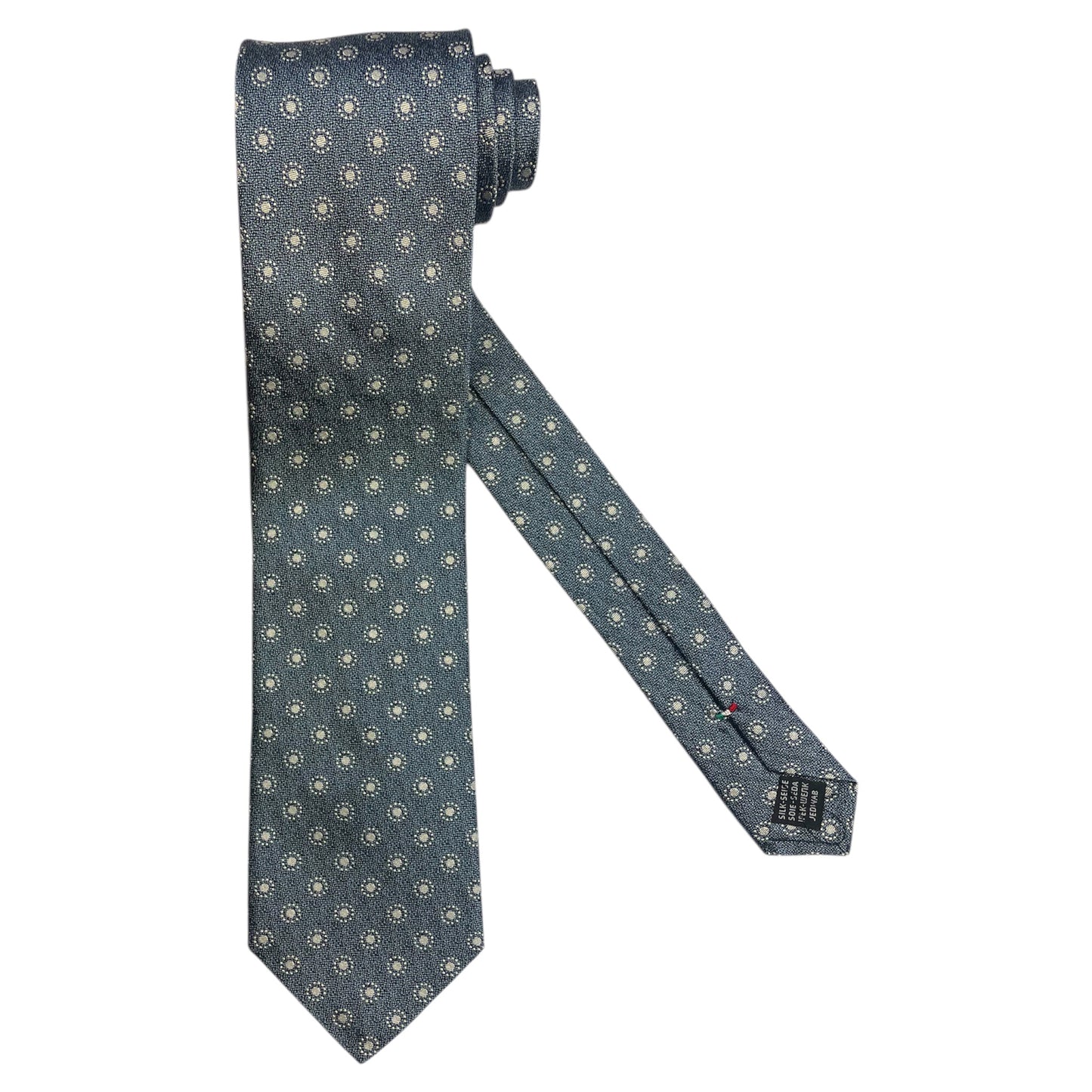 Light blue silk tie with blue flowers and red circles
